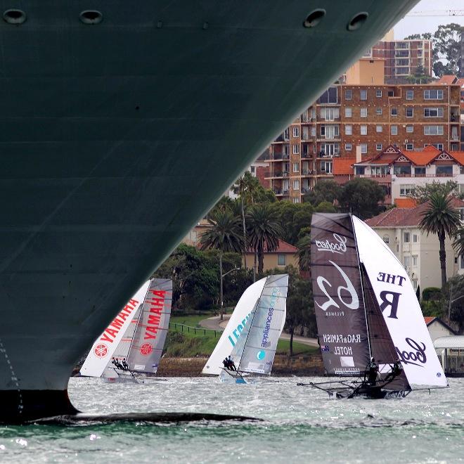 Naval ship dwarfs the 18s on Sydney Harbour - JJ Giltinan 18ft Skiff Championship © Frank Quealey /Australian 18 Footers League http://www.18footers.com.au